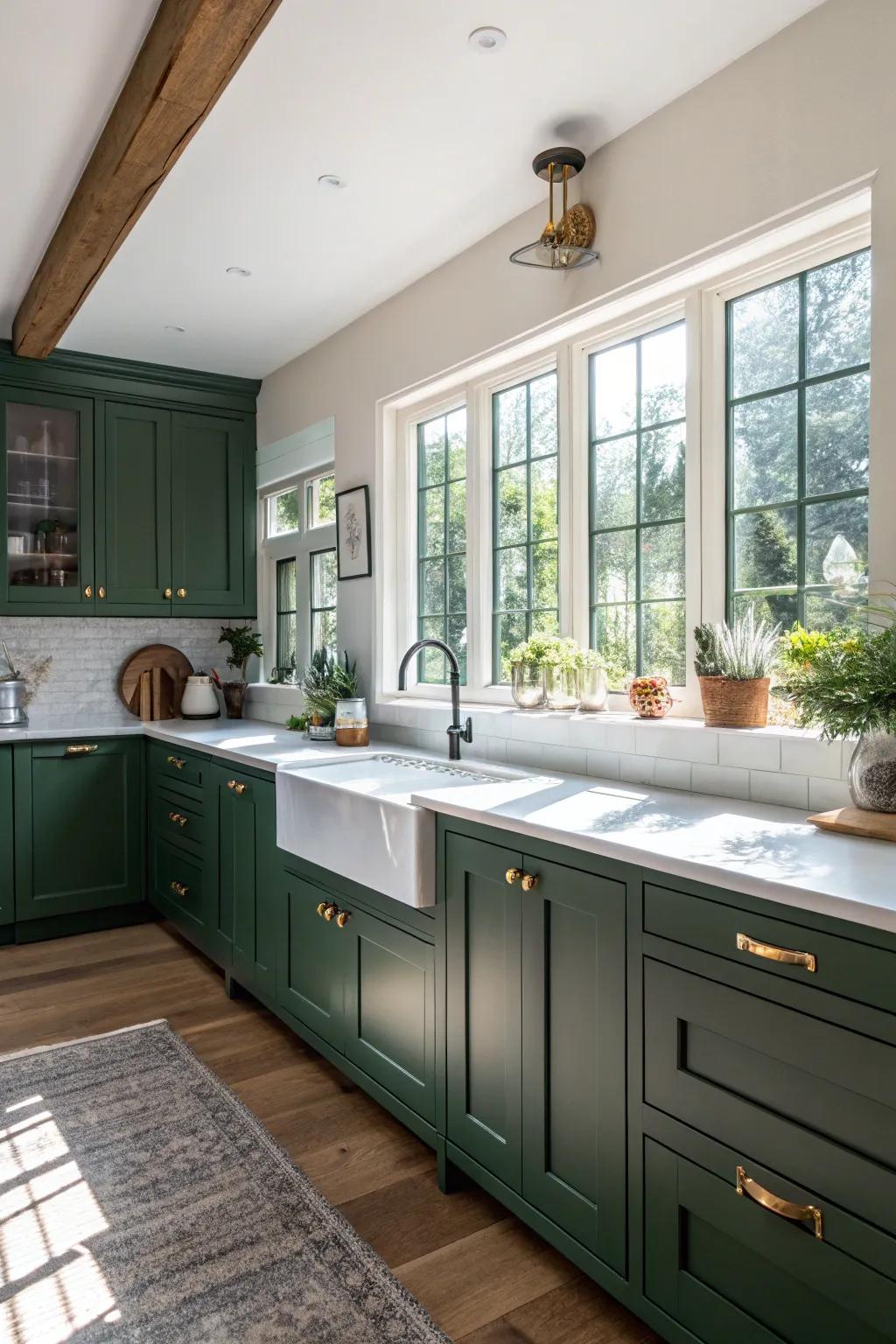 Dramatic woodland-toned cabinets creating a bold presence in a sun-drenched kitchen.