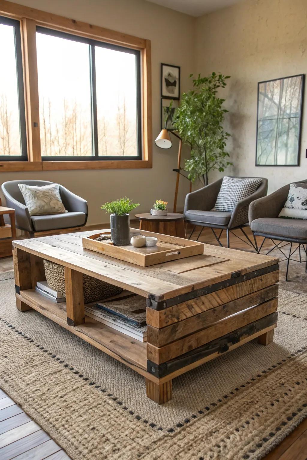 A welcoming living area showcasing a coffee table fashioned from reclaimed timber.