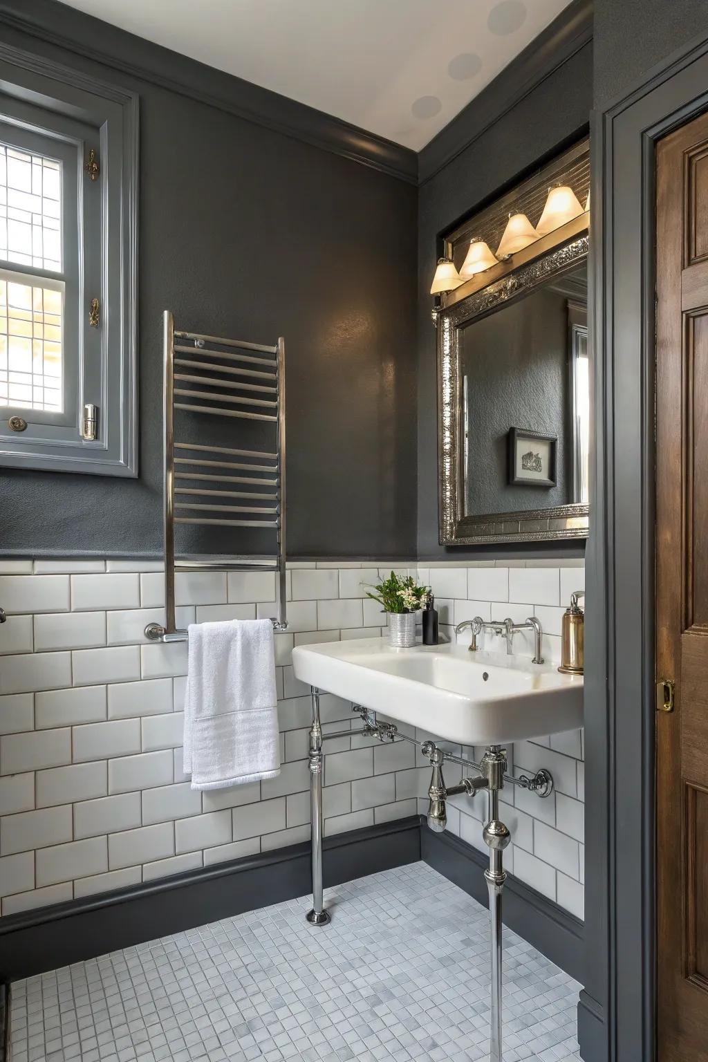 Graphite grey walls contribute depth and passion to this stylish bathroom.