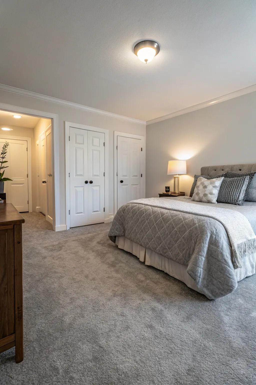 Neutral walls enhance the grey carpet, establishing a spacious and calm bedroom.