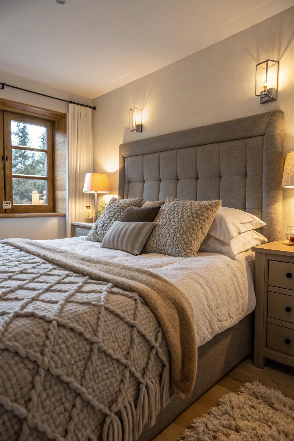 A cozy bedroom with a grey headboard, enhanced by textured bedding.