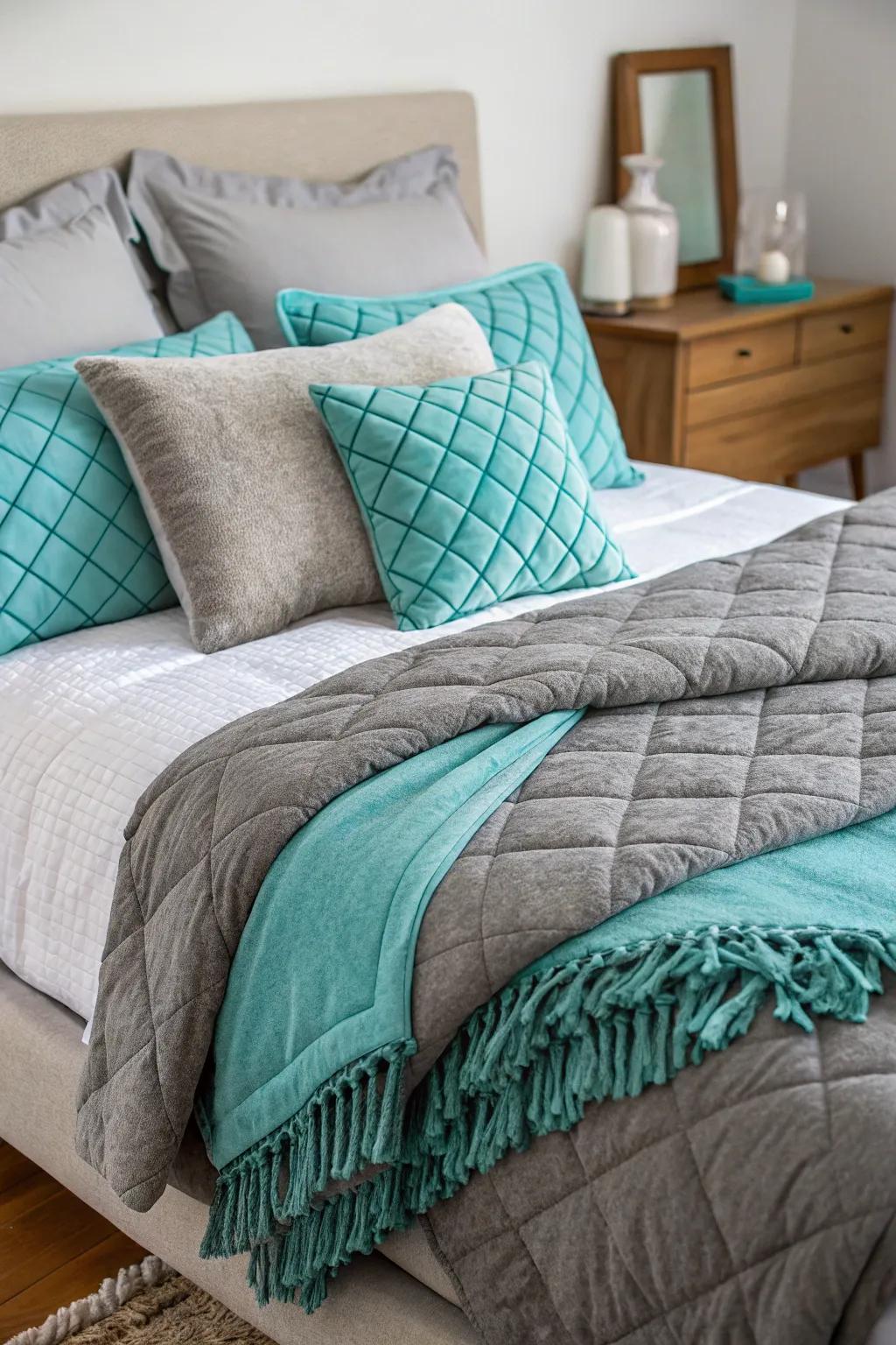 Layered bedding combining grey and turquoise creates an inviting and snug space.