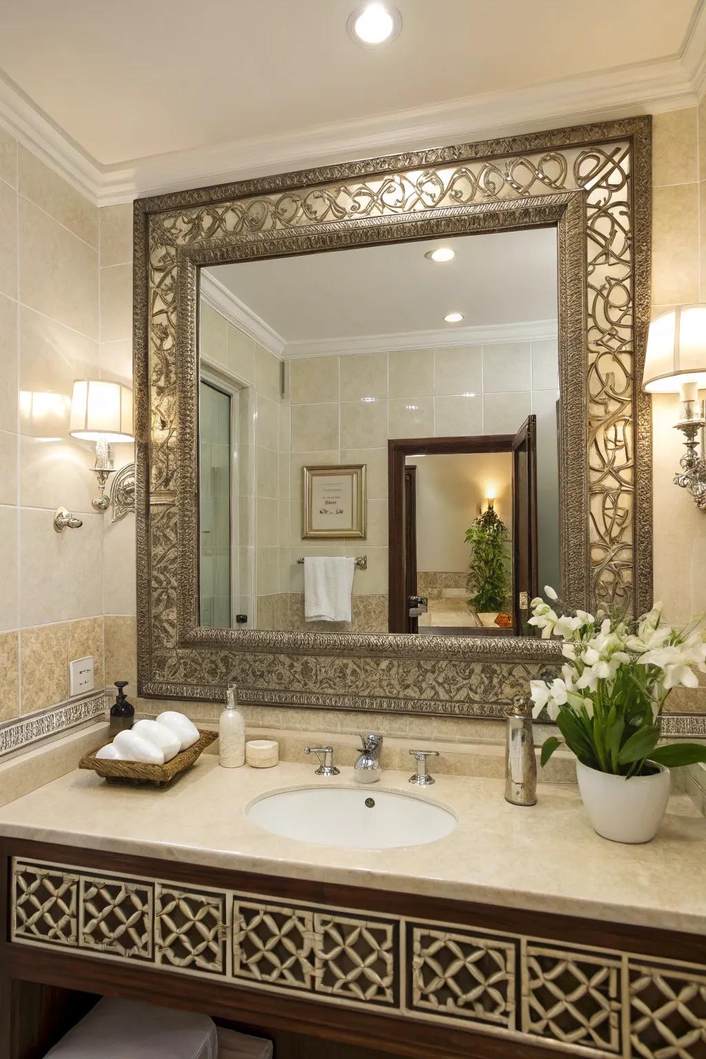 A guest bathroom showcasing a large mirror with a distinctive frame as a focal point.