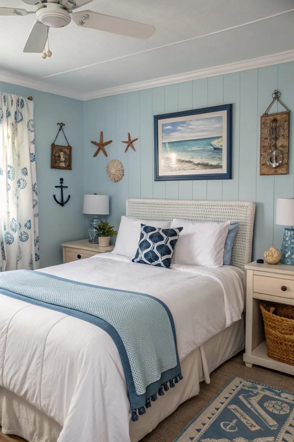 A calming guest room featuring gentle blue walls to foster tranquility.