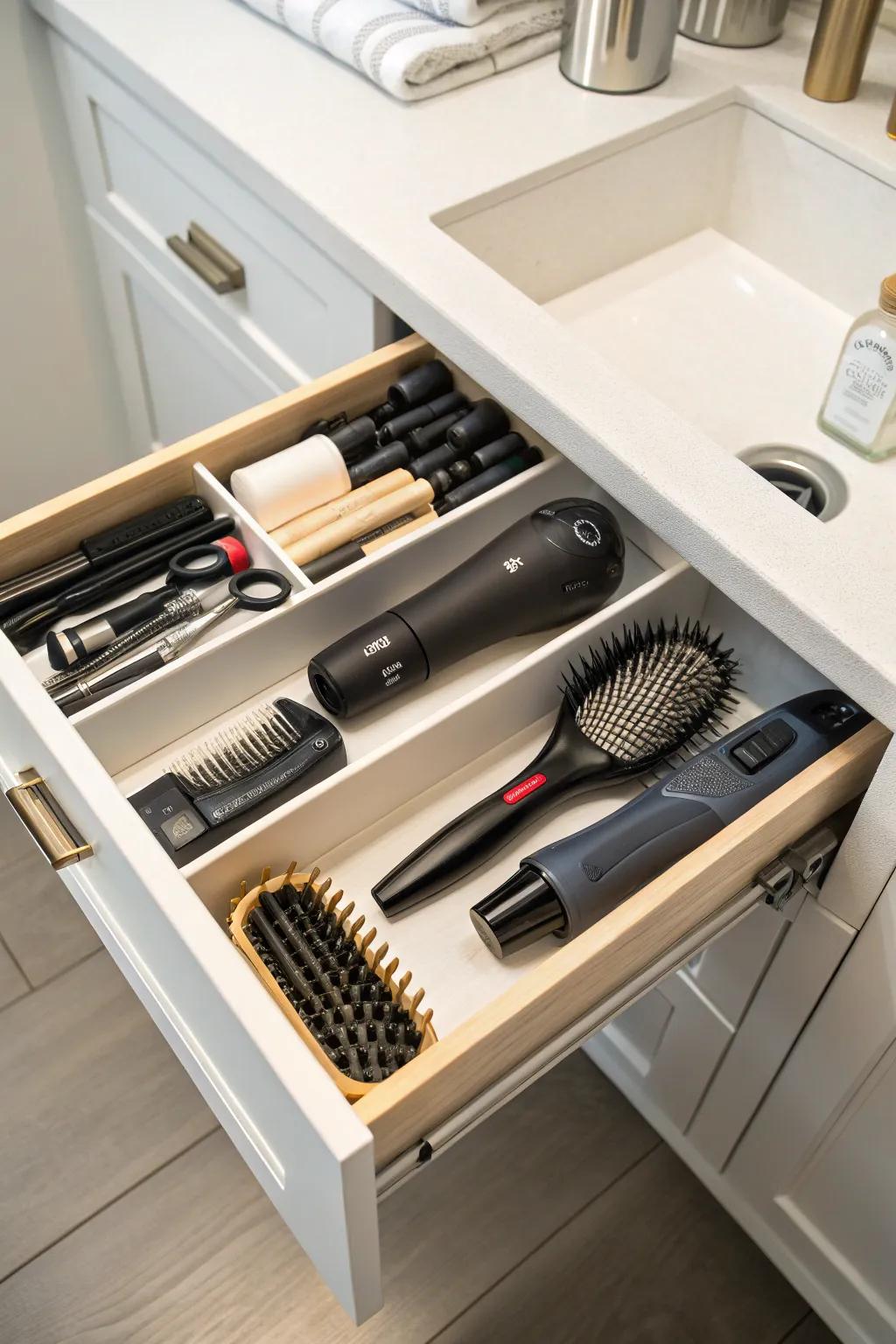 Bespoke shelf inserts create a neat and organized powder room.