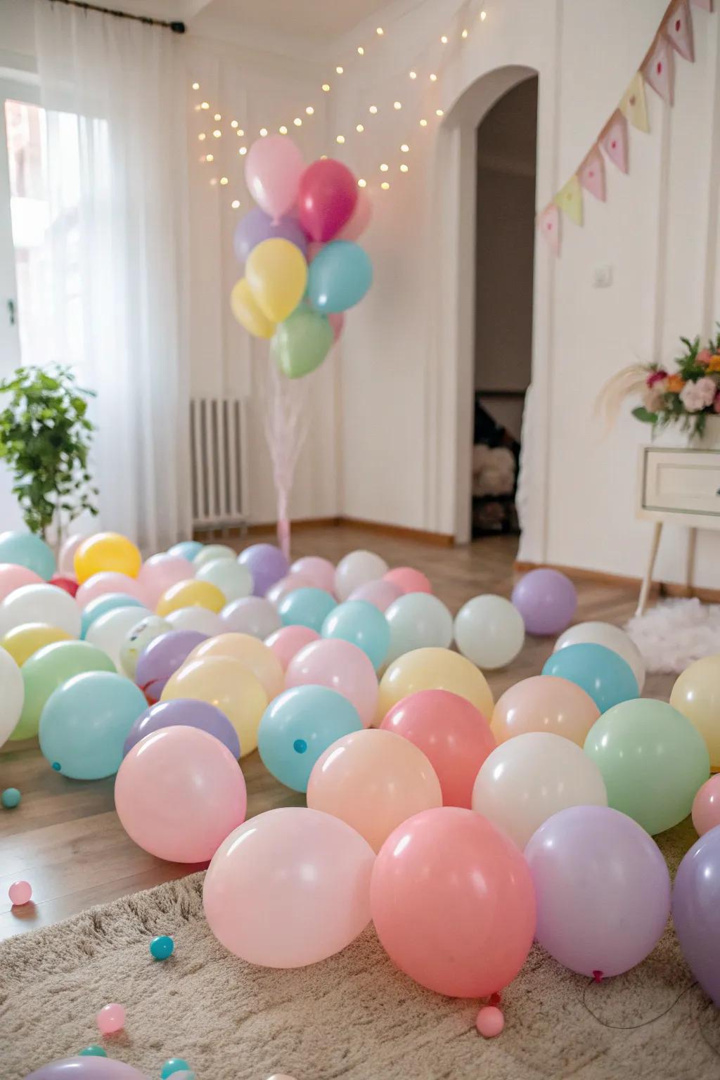 A room overflowing with partially-filled balloons, creating a playful environment.