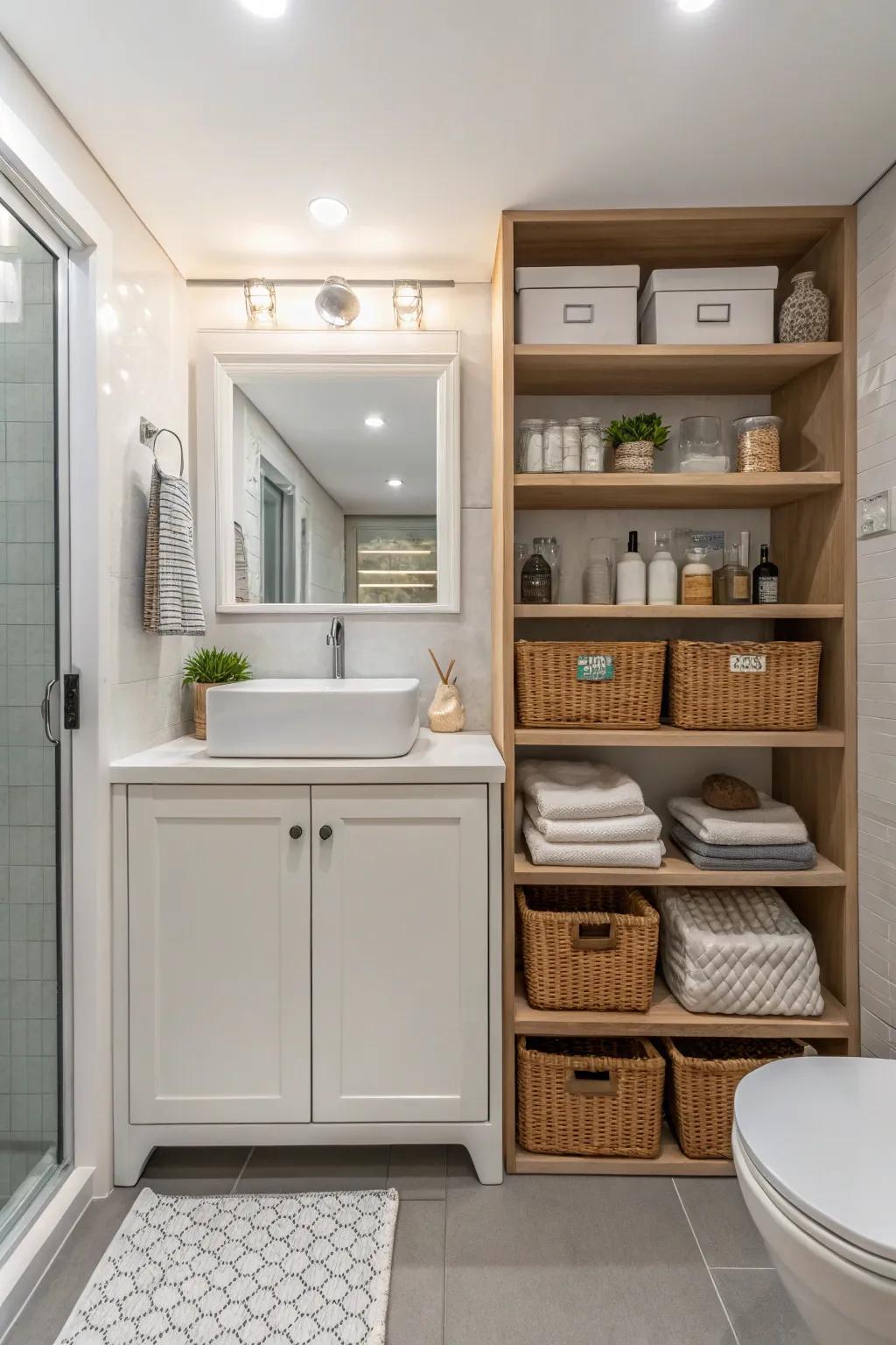 Ingenious storage tactics in a hall bathroom contribute to maximizing space and sustaining an organized environment.
