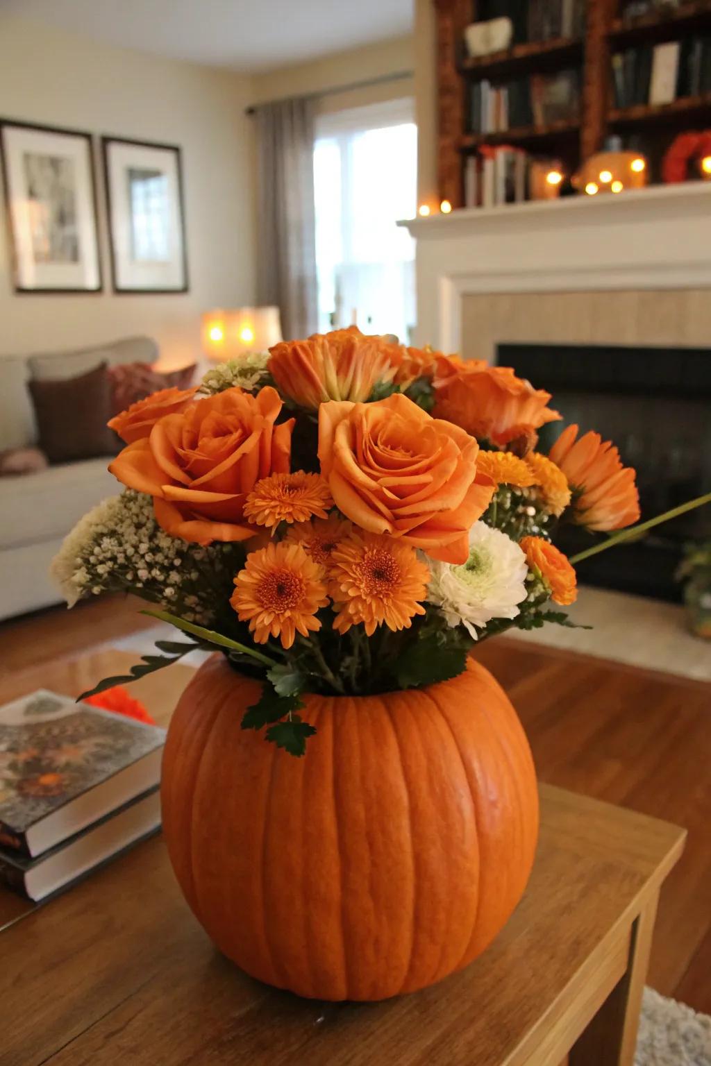 A gourd vase brimming with vibrant florals presents a splendid Halloween centerpiece.