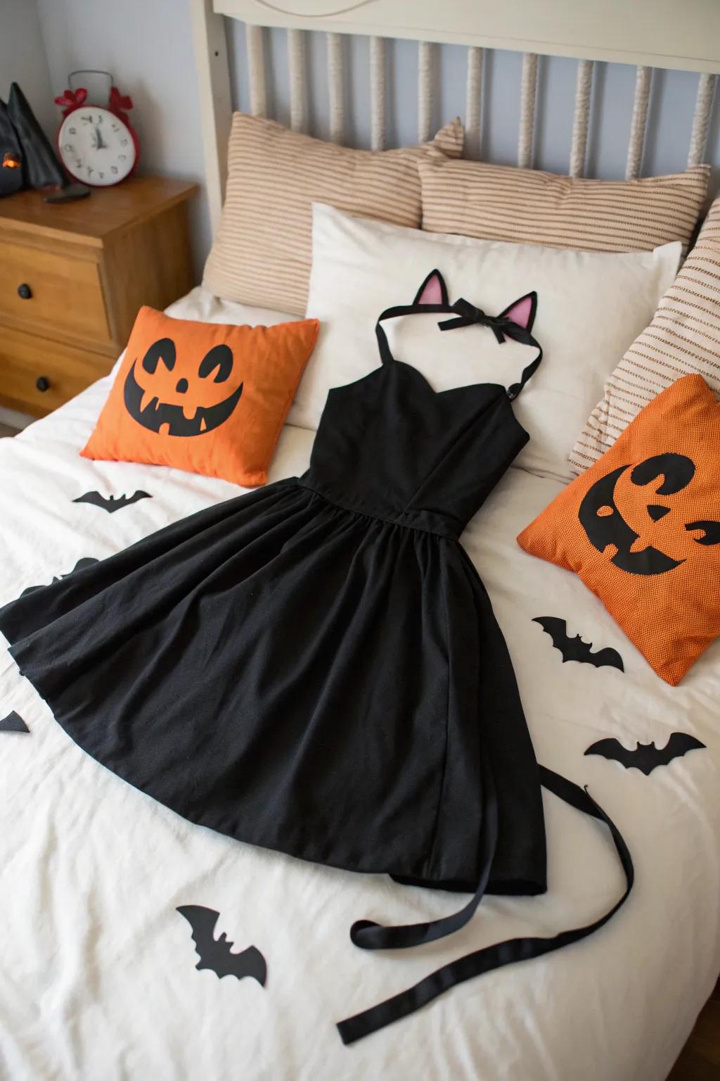 Effortless black cat costume utilizing a black dress.