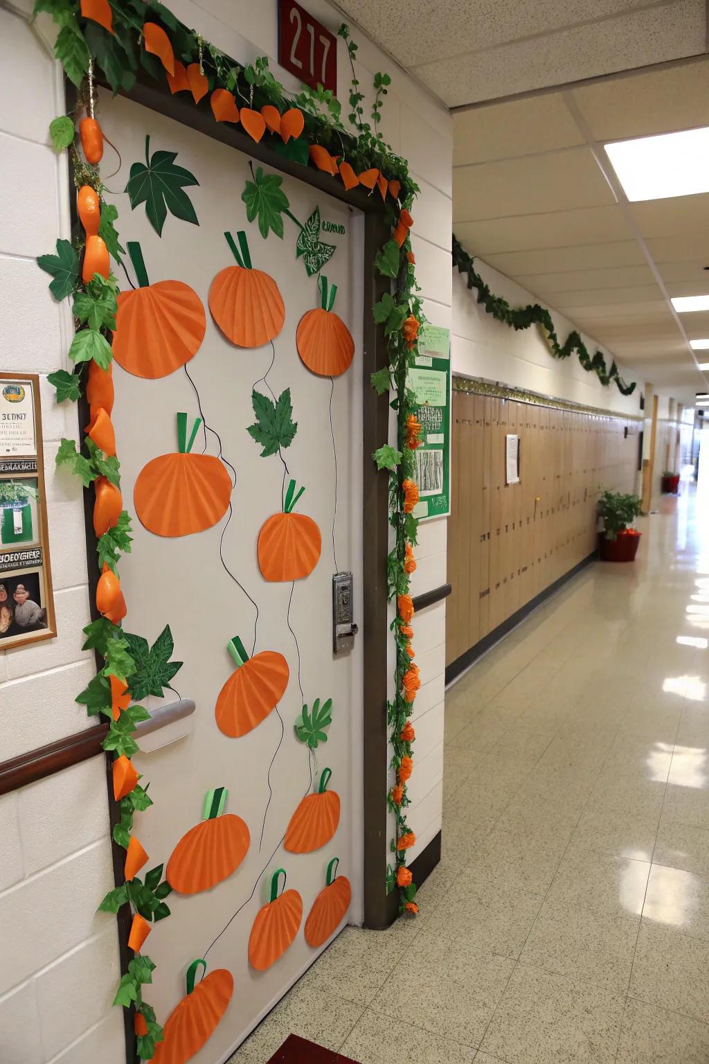 A door transformed into a delightful pumpkin patch scene.