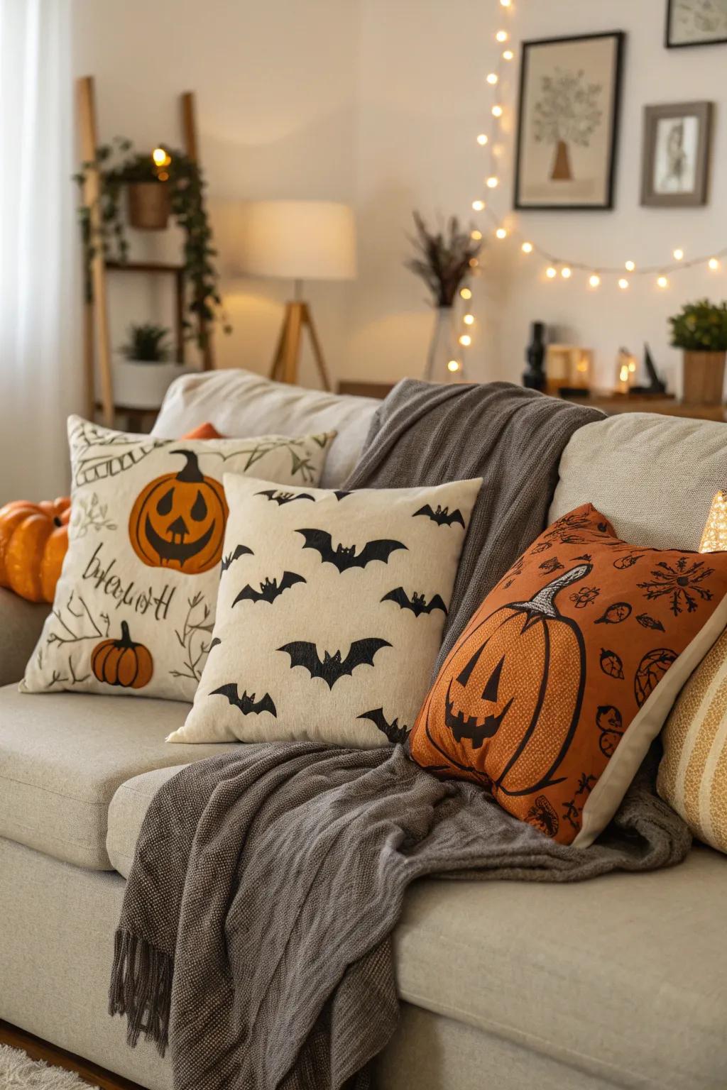 Themed cushions and throws introduce a refined yet impactful Halloween atmosphere.