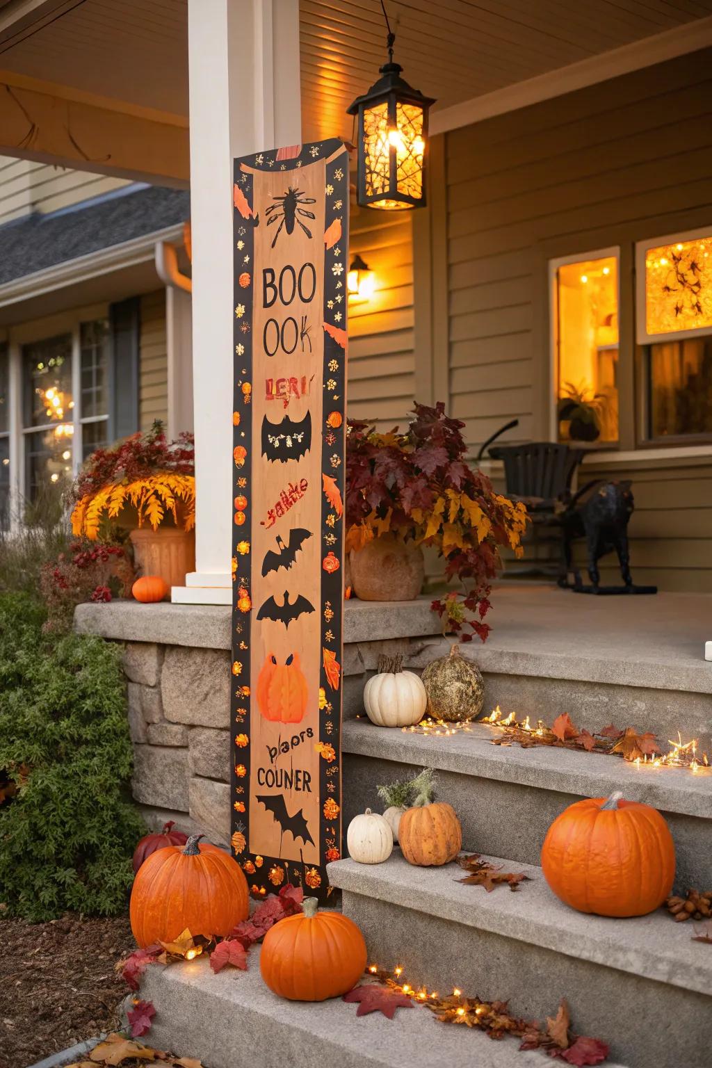 A striking vertical sign welcoming guests to a Halloween-ready porch.