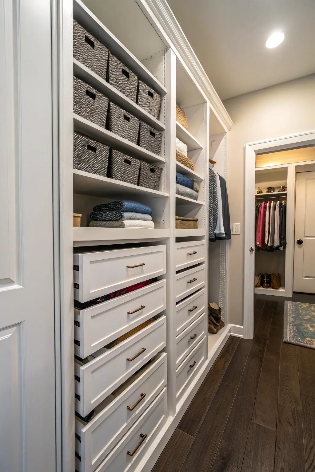 Slide-out drawers inside a hallway closet for uncomplicated access to stored items.