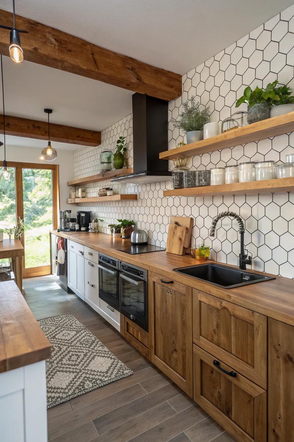 The combination of wood and geometric patterns crafts an inviting, cozy kitchen environment.