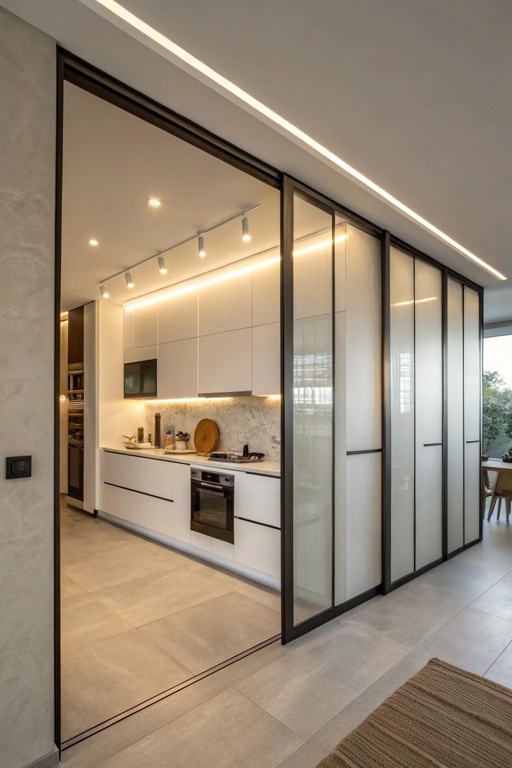 Sliding doors introduce a touch of magic, allowing you to conceal and reveal your kitchen as desired.