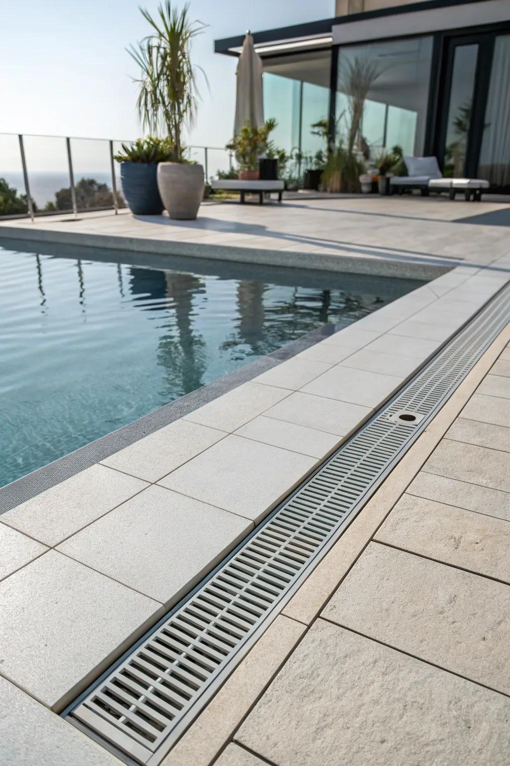 A sophisticated straight-line drain enhancing the pool's minimalist flair.