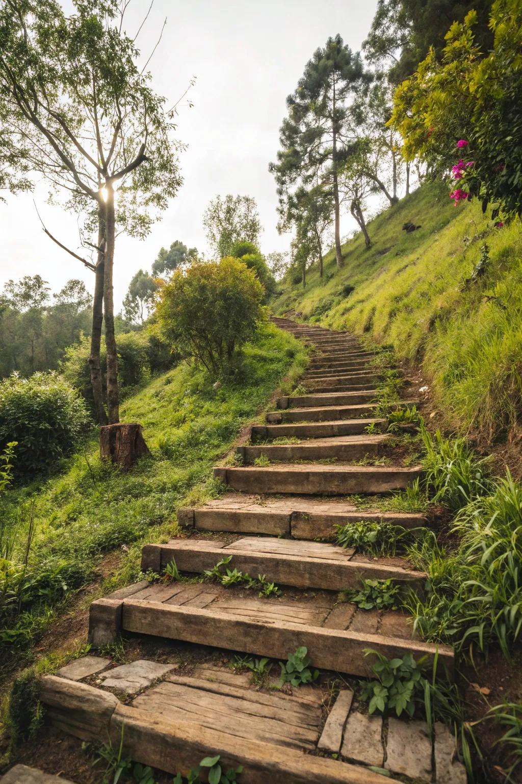 Reclaimed wood steps give rustic charm to any garden slope.