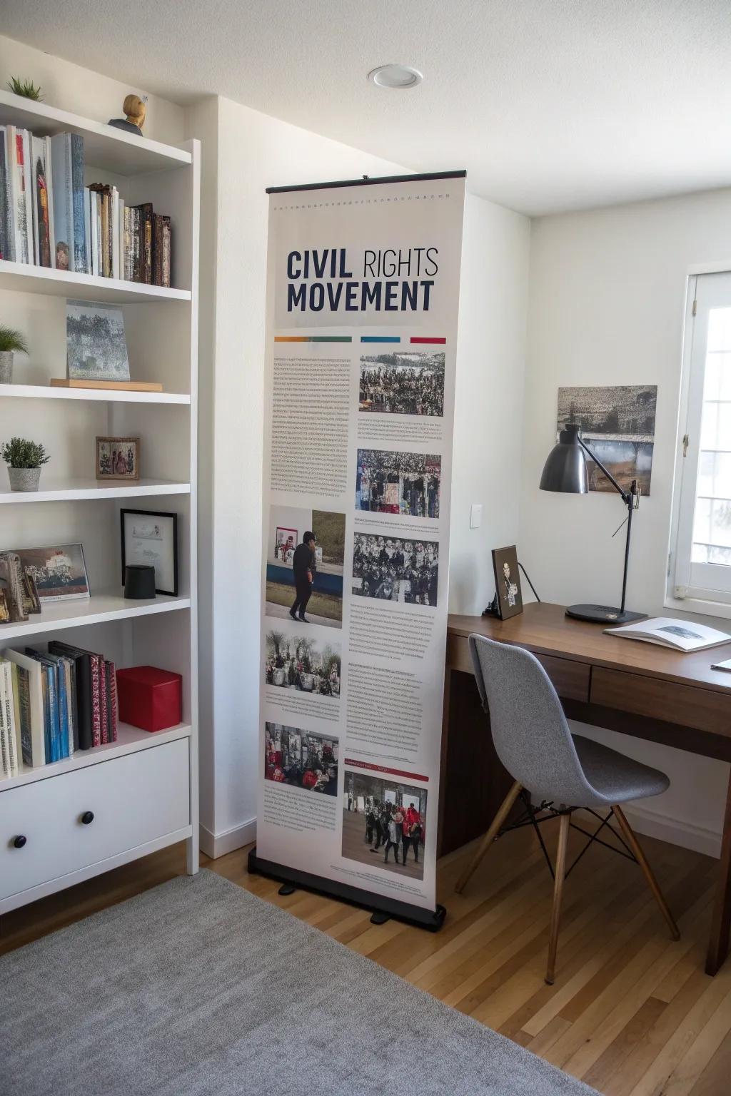 A sequential display panel that breathes life into history in a streamlined home office.