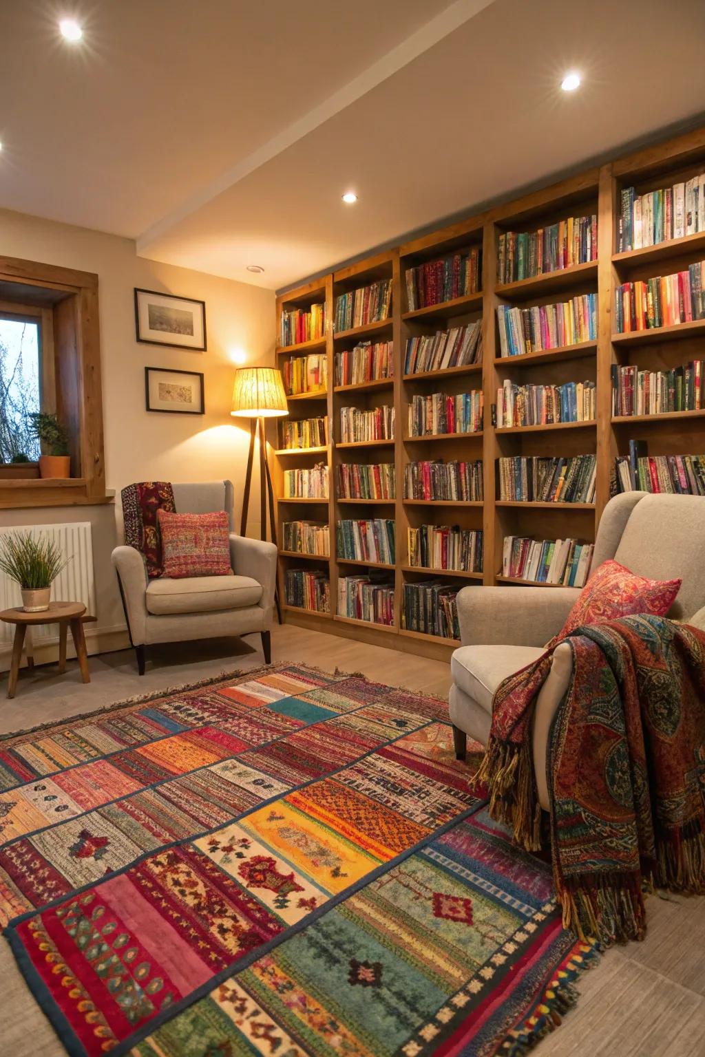 Layered textiles introduce warmth and color to a reading space.