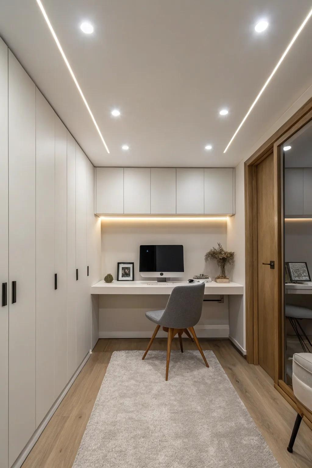 Inset illumination provides a smooth, contemporary answer for lighting a home office.