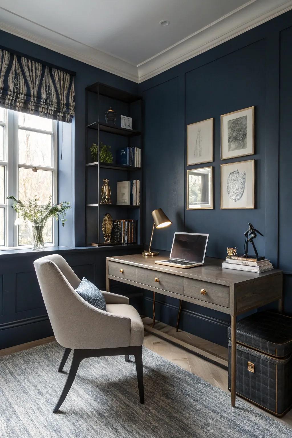 Dark blue partitions contribute profoundness and sophistication to this personal office.