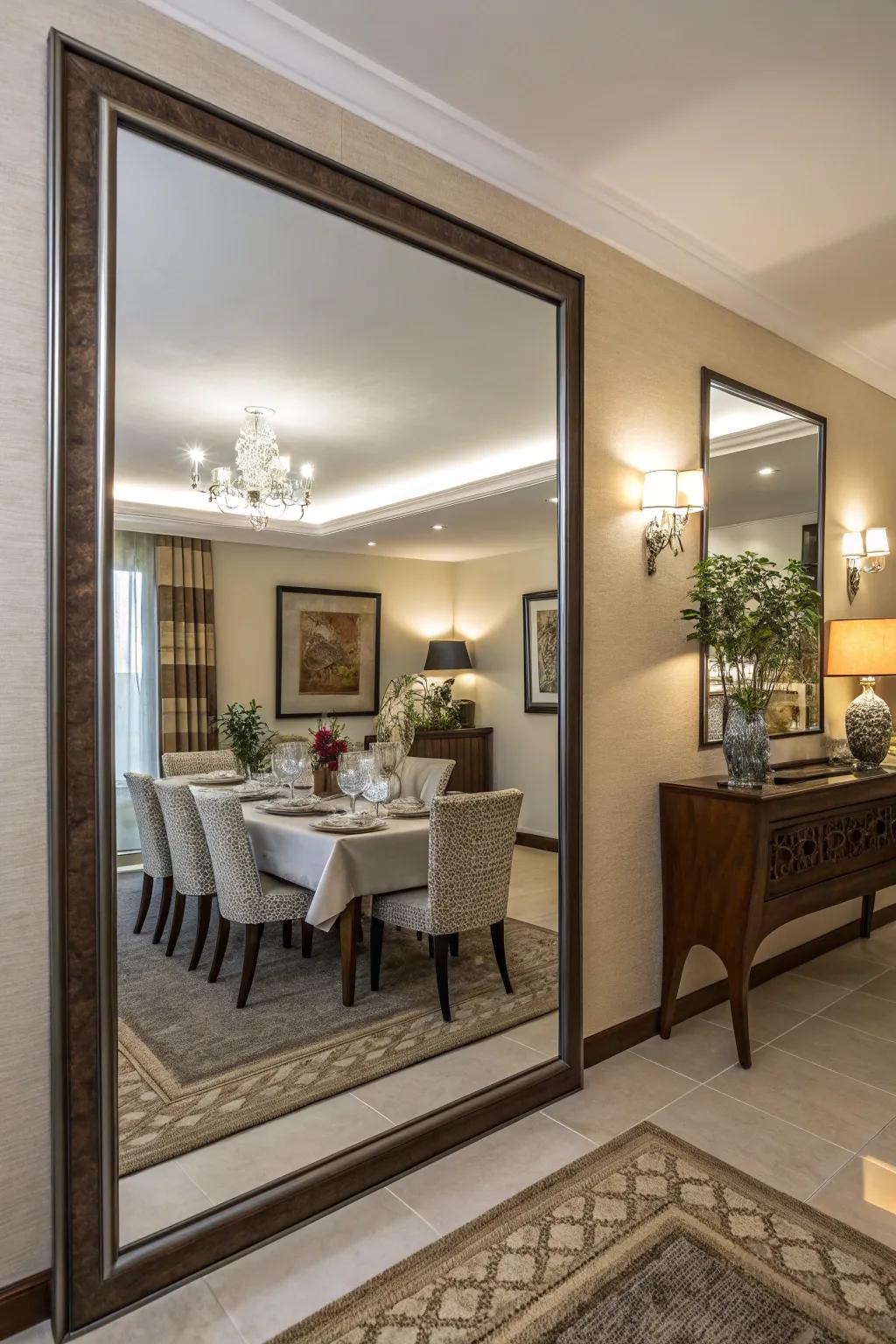 A reflective glass enhances the spaciousness of a charming meal-sharing area.