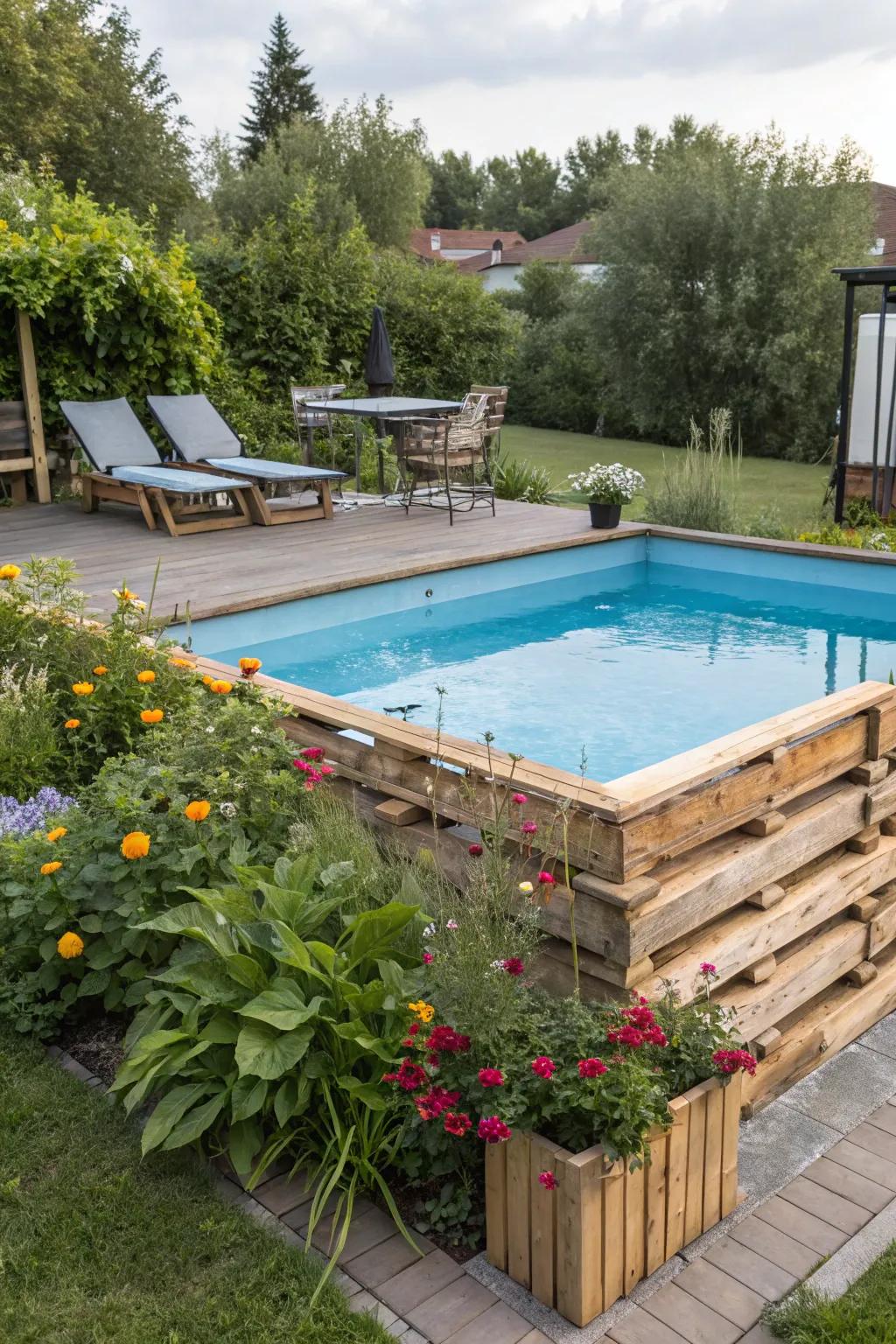 An innovative application of lumber skids to create a frame for an above-ground pool.