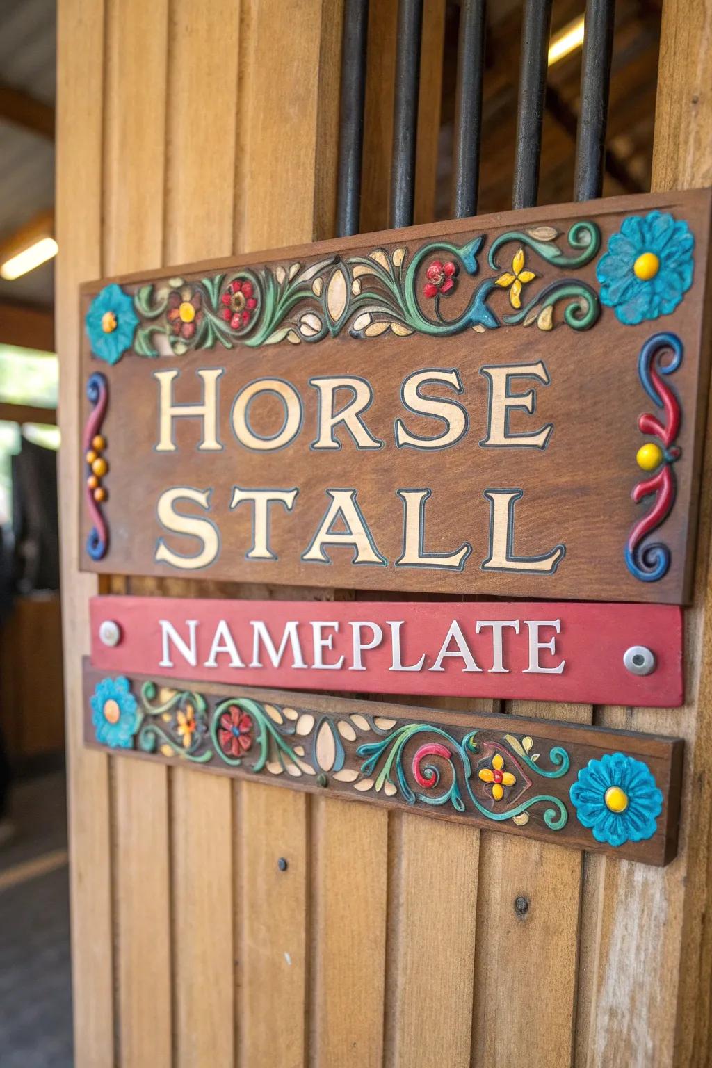 Personalized name signs lend a unique touch to your horse's stall.