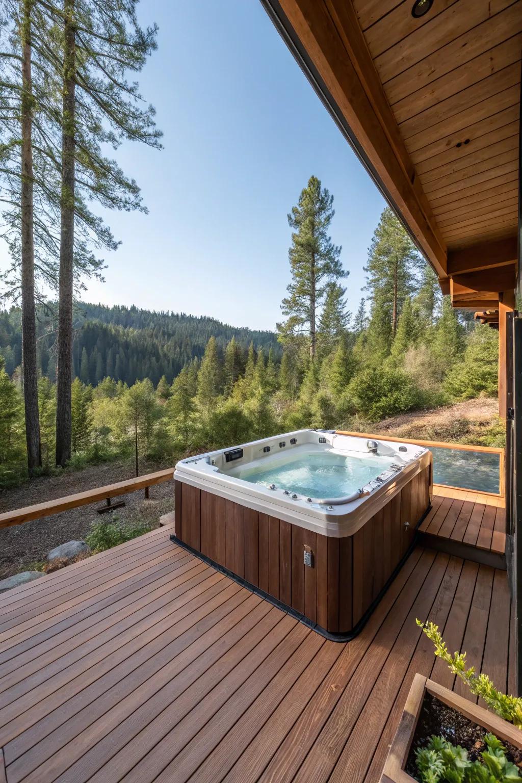 A cedar <strong><em>platform</em></strong> gracefully lifts this backyard <strong><em>hot tub</em></strong>.” loading=”lazy” class=”pimg”>
	</picture><figcaption>A cedar <strong><em>platform</em></strong> gracefully lifts this backyard <strong><em>hot tub</em></strong>.</figcaption></figure>
<p>Think about constructing a wooden <strong><em>platform</em></strong> around your <strong><em>hot tub</em></strong> for an integrated appearance. I’m captivated by how a cedar <strong><em>platform</em></strong> not only raises the <strong><em>tub</em></strong> but also blends with the natural scenery.</p>
<h3>Consider these options:</h3>
<ul class=