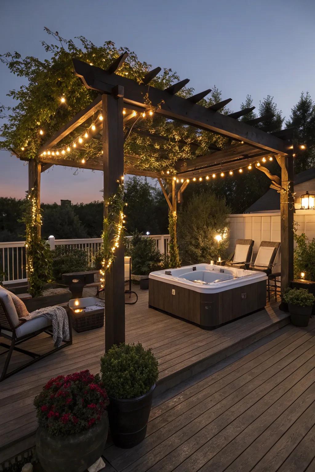 A pergola contributes a hint of refinement and shade to your hot tub deck.