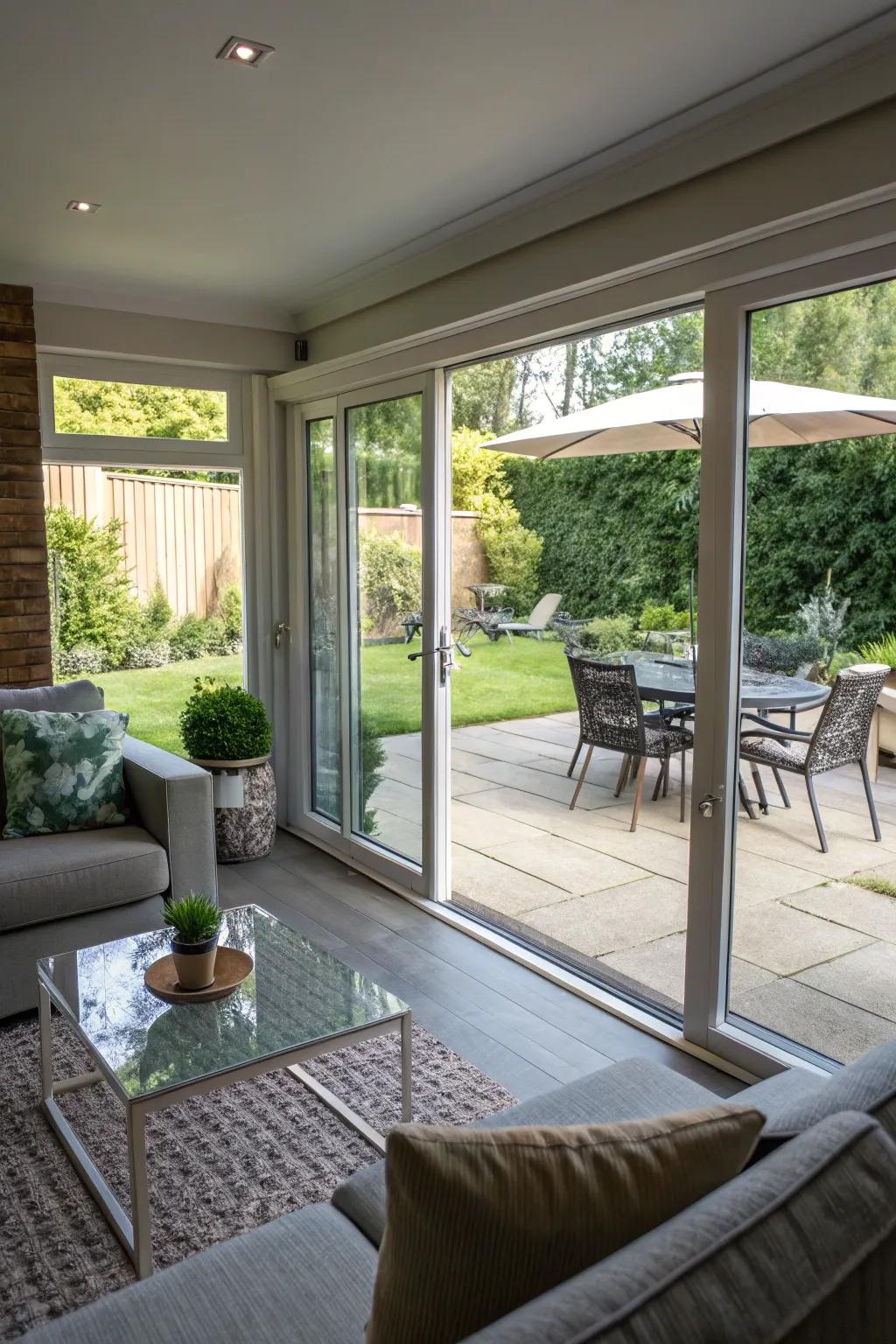 A smooth indoor-outdoor living area highlighted by broad glass panel doors.