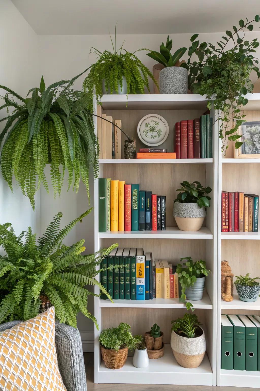 Blending various plant forms and sizes crafts an appealing feature on your shelves.