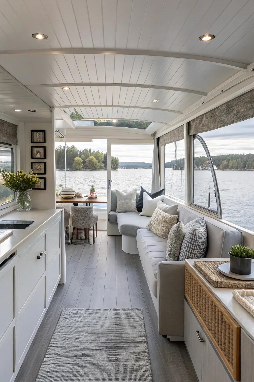 The interior of this houseboat is made more serene by a tranquil neutral color scheme.