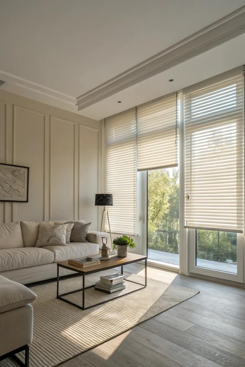 Darkening blinds provide a minimalistic solution for light management, ideal for modern spaces.