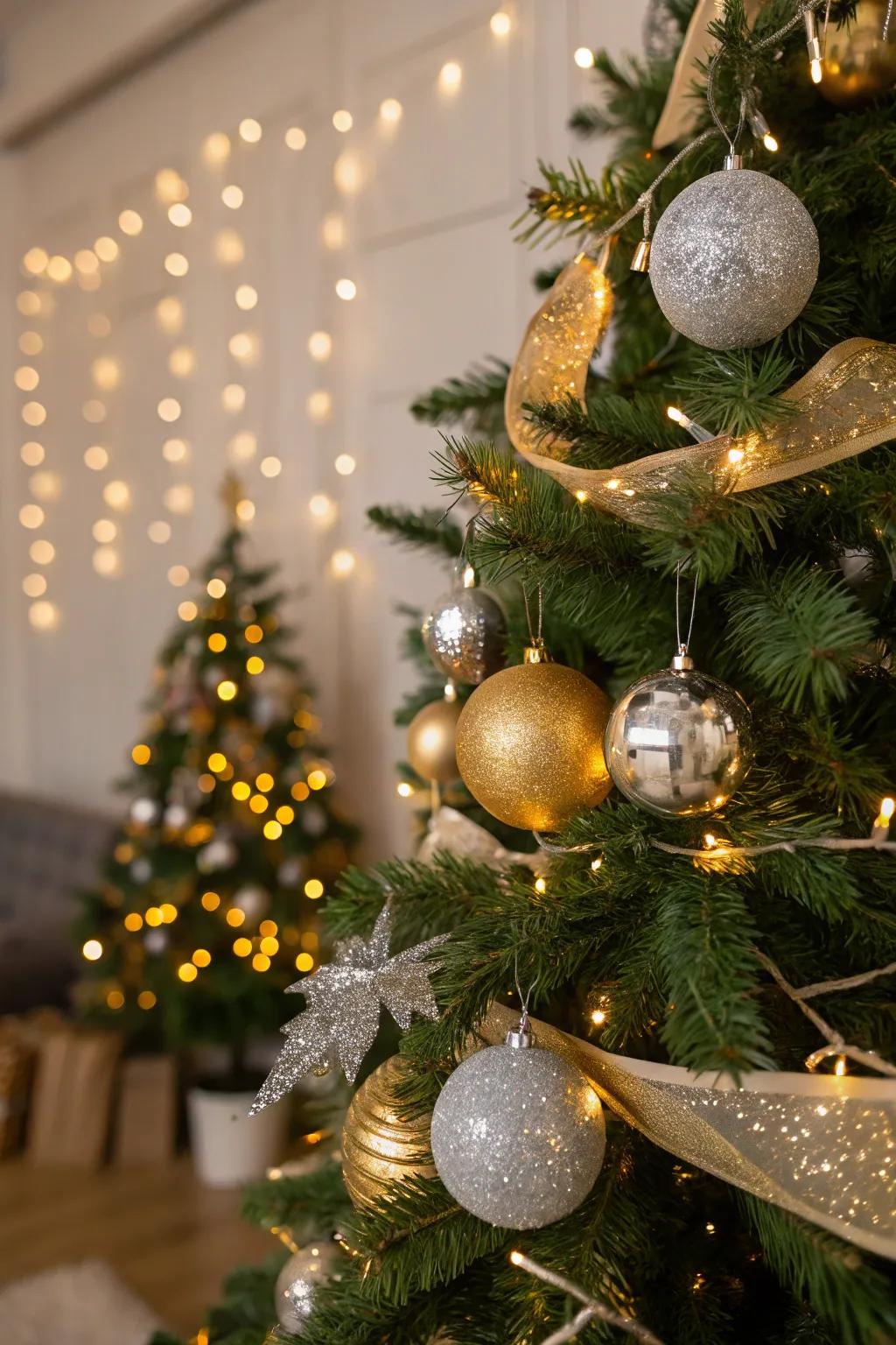 A glamorous Christmas tree enhanced with glittering gold and silver details.