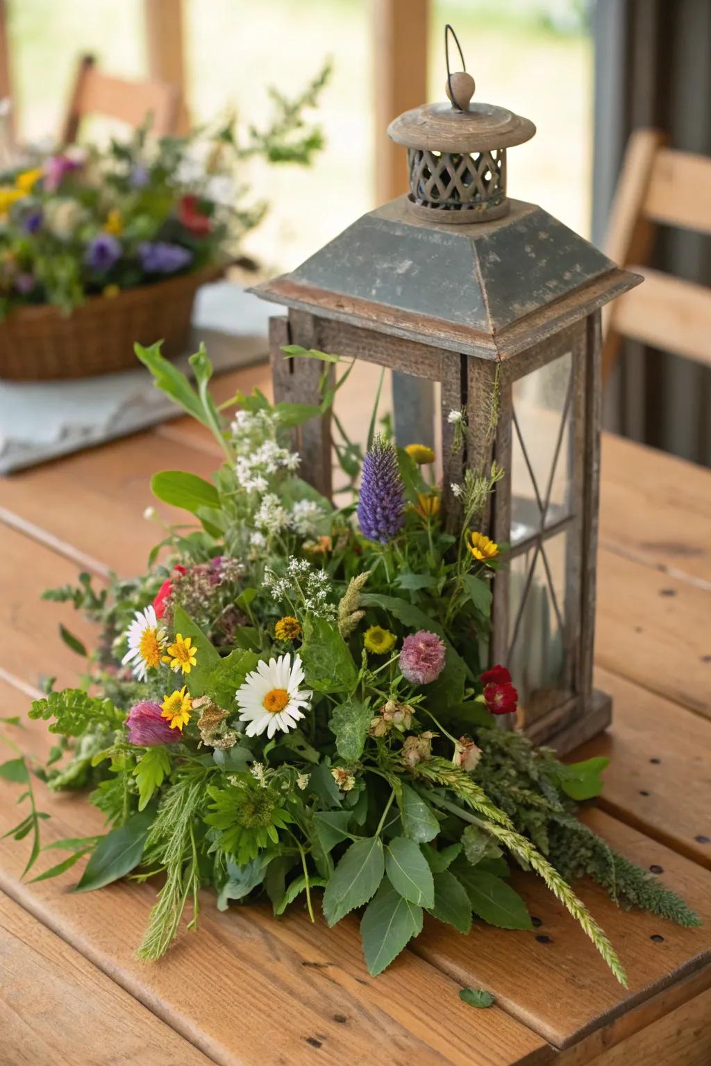 Rustic allure showcased through wildflowers nestled in a vintage lantern.