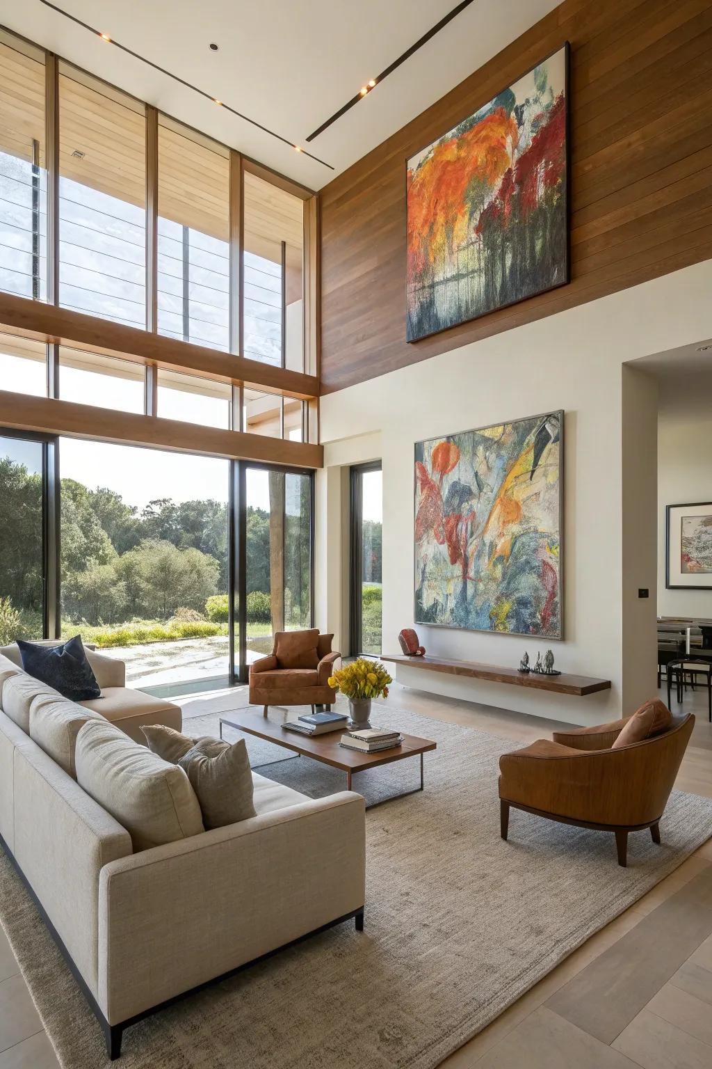 A huge abstract painting transforms a simple wall into an impressive gallery display.