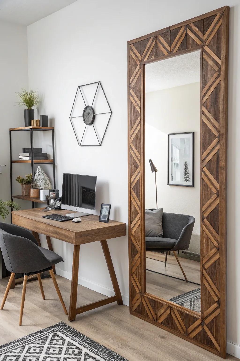 Geometric motifs introduce a modern sophistication to any mirror.