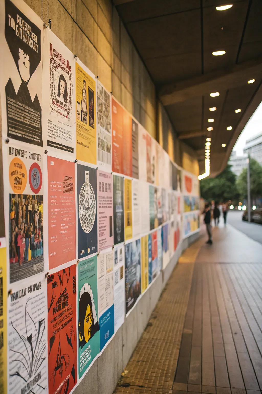 A poster collage wall results in a vibrant and engaging display.
