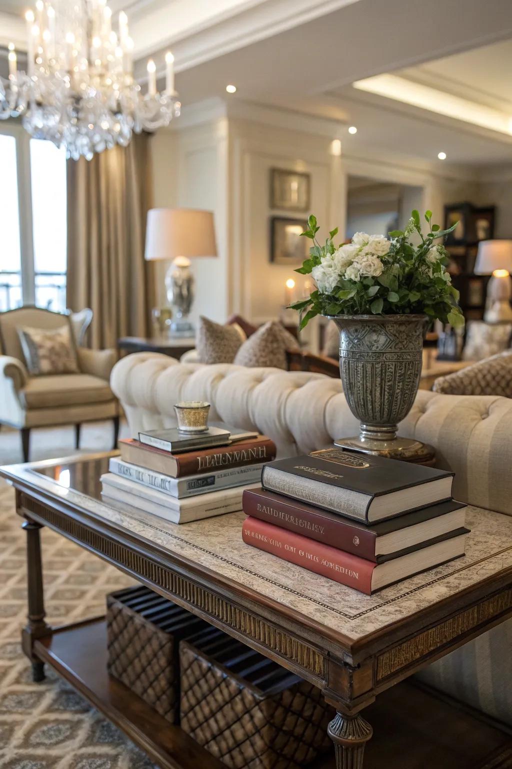 Books enhance a sofa table with color and refinement.