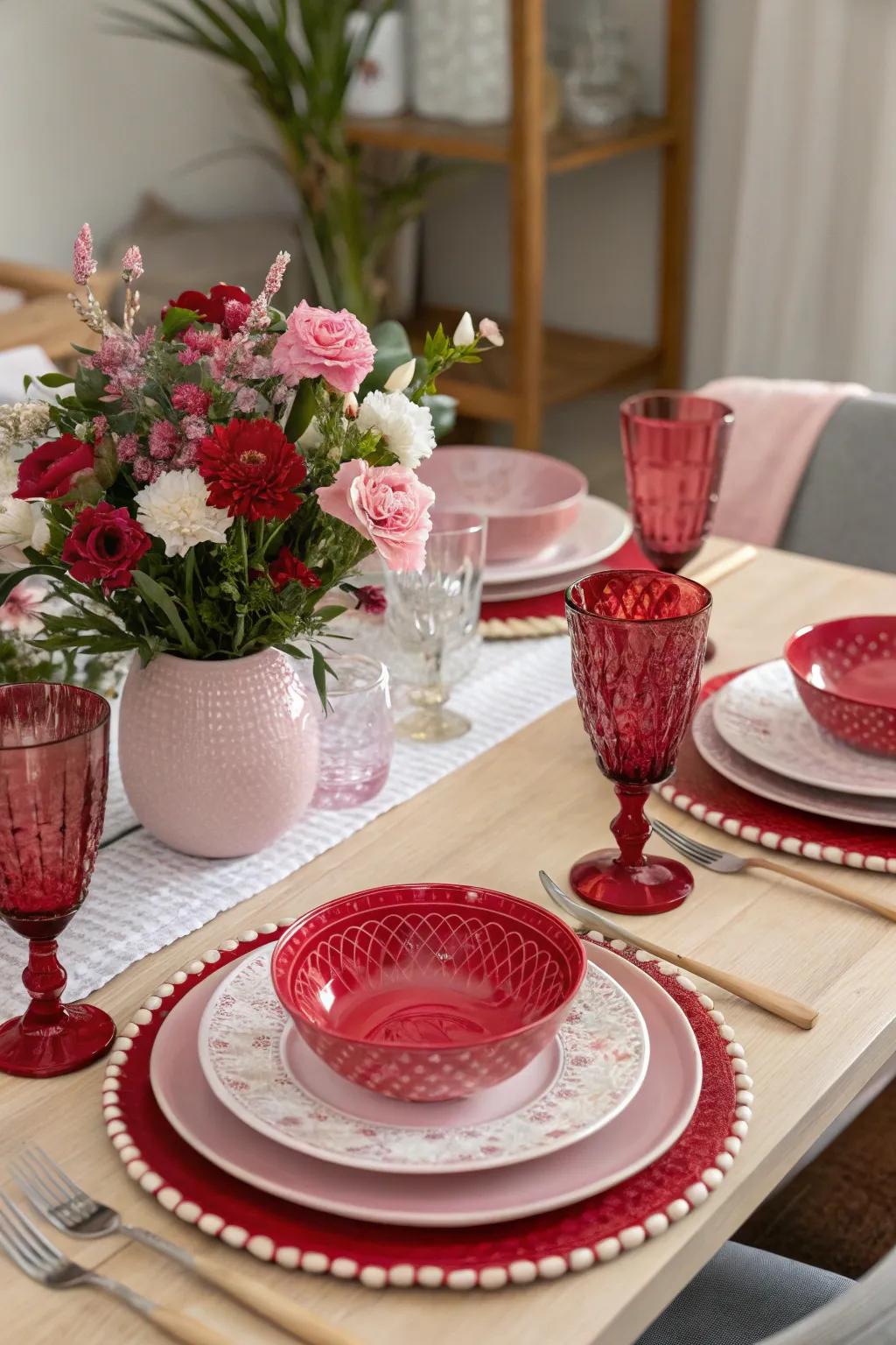 A beautifully set table prepared for a Valentine's Day dinner.