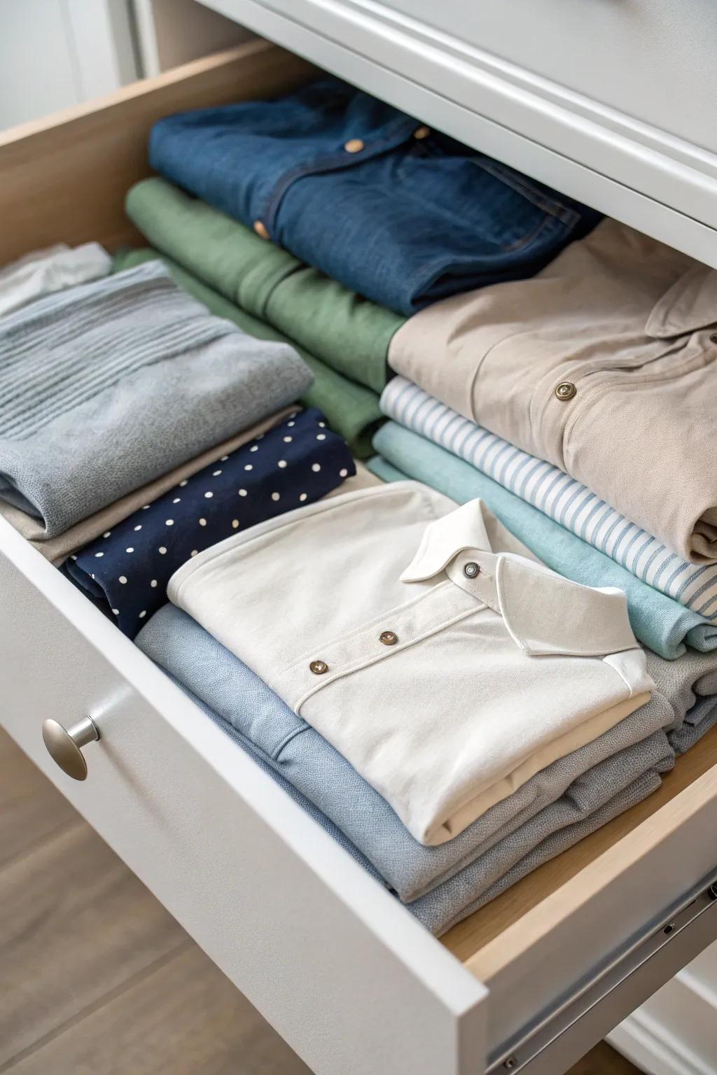 Clothes folded using the KonMari method to maximize space and visibility.