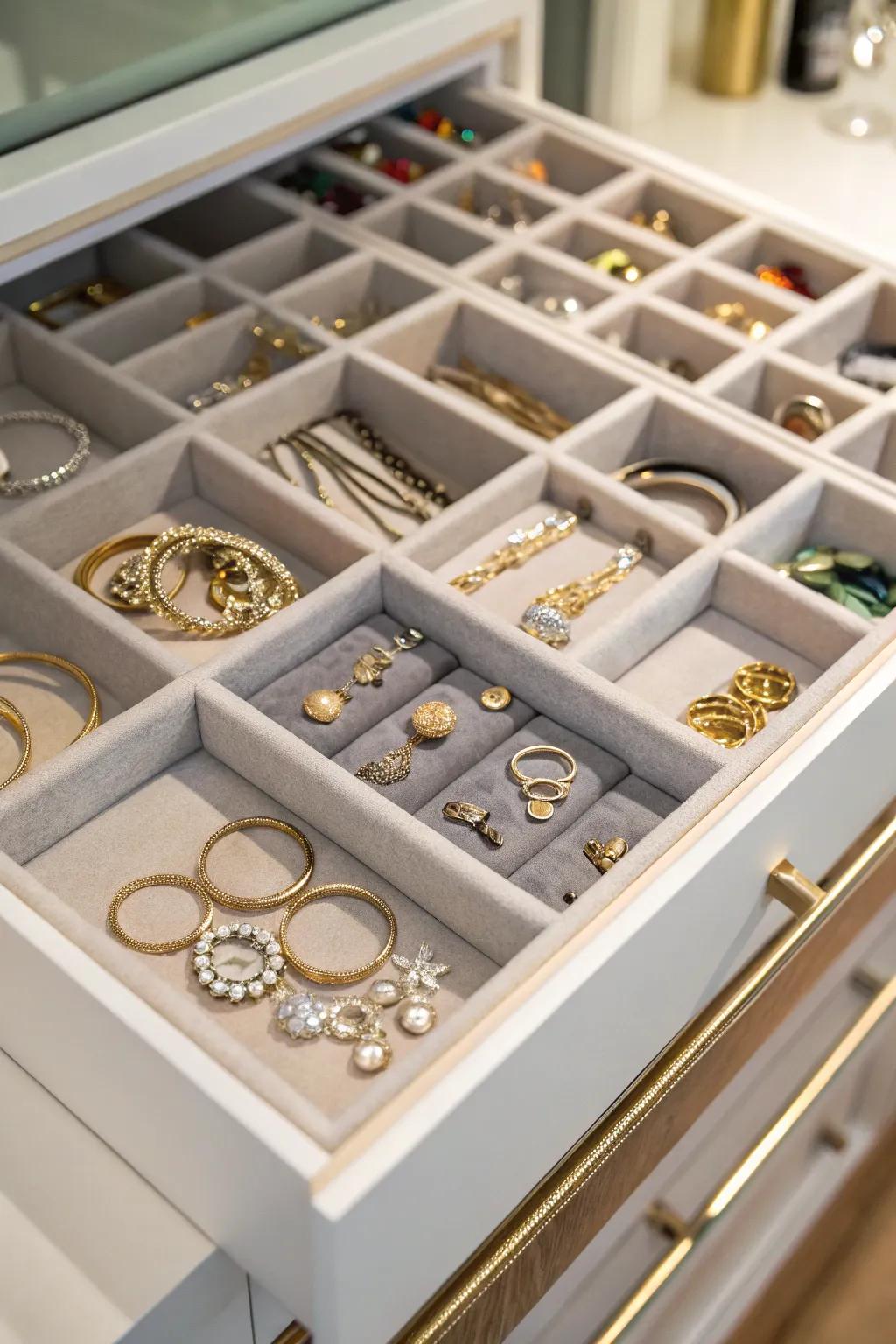 Compartmentalized trays ensure your jewelry is arranged neatly.