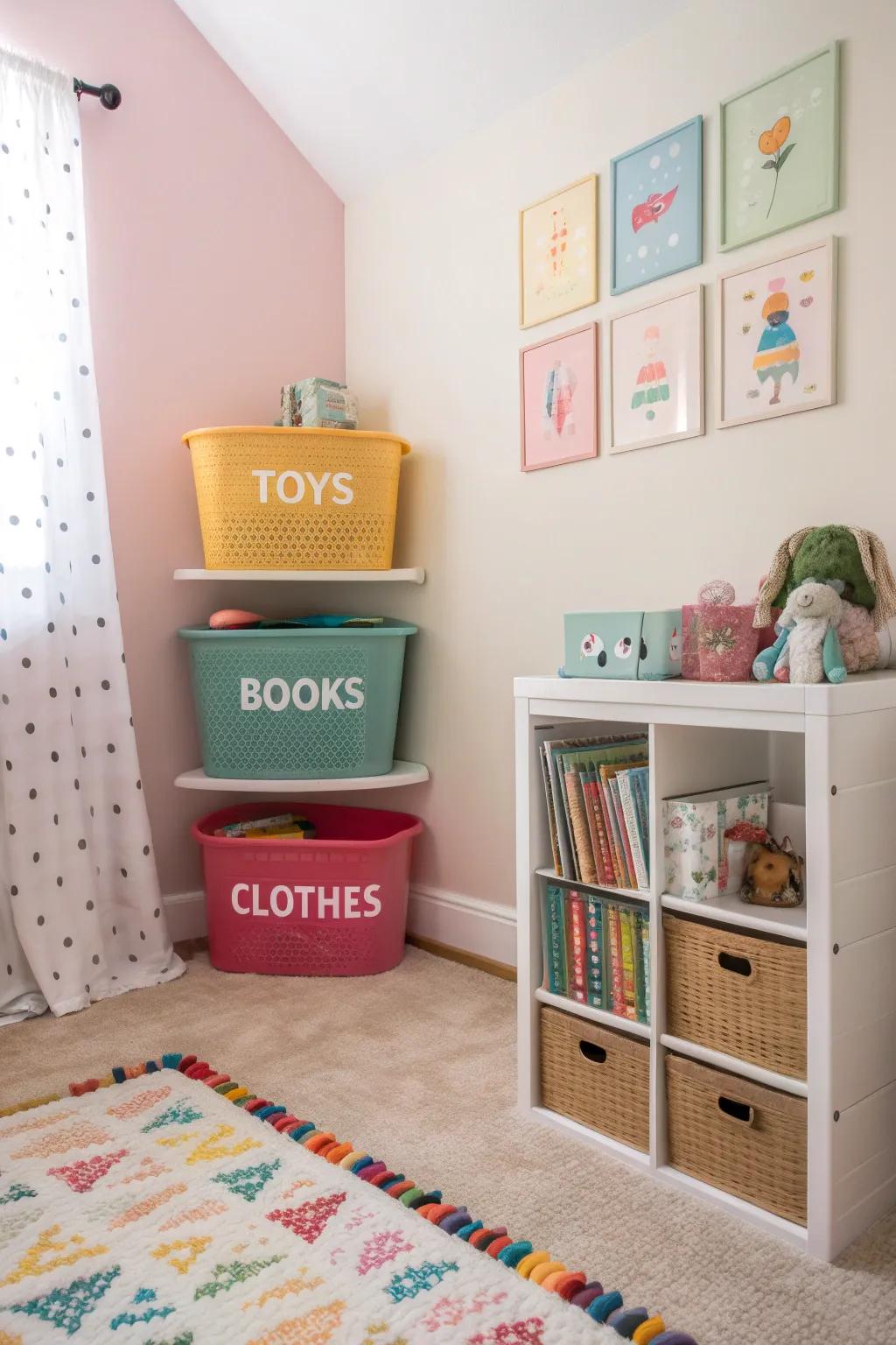 Color-coded baskets add brightness and help keep things organized.