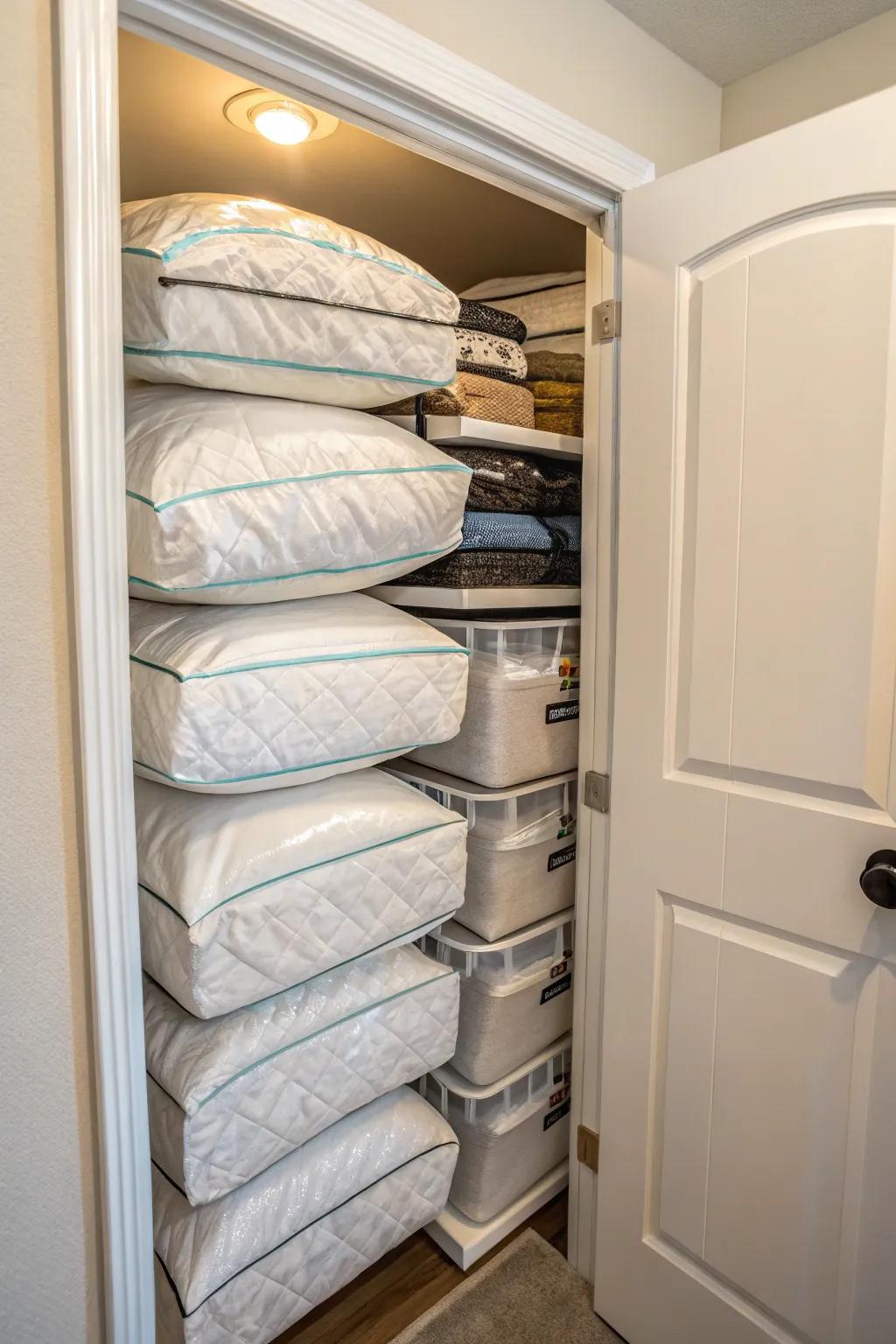 Vacuum-sealed bags storing comforters in a small closet space.