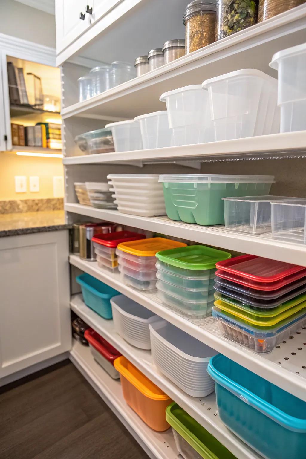 Kitchen shelves showcasing plastic containers, neatly organized with dividers.