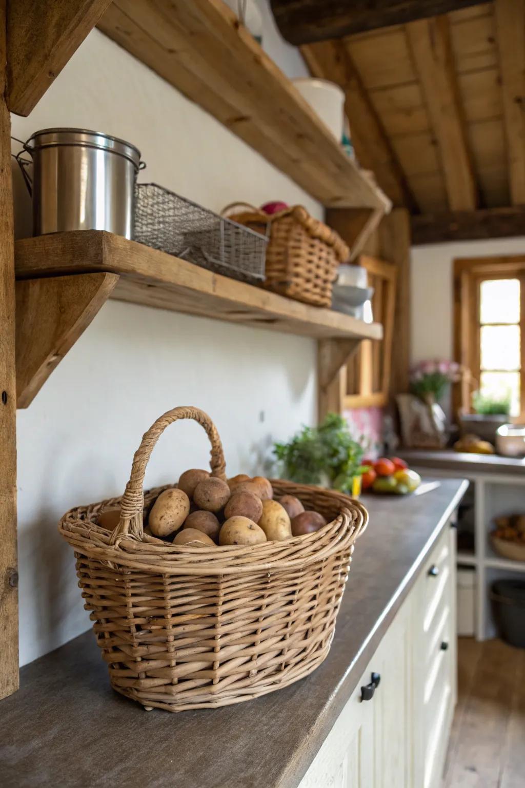 A cane basket enhances rustic visual appeal when filled with root vegetables.