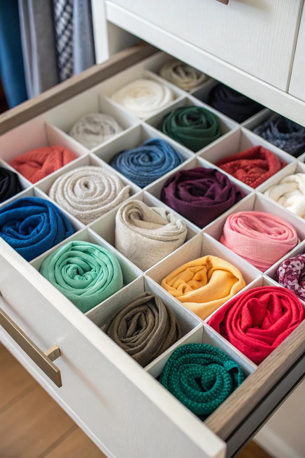 Drawer dividers keep scarves neatly arranged and visible.