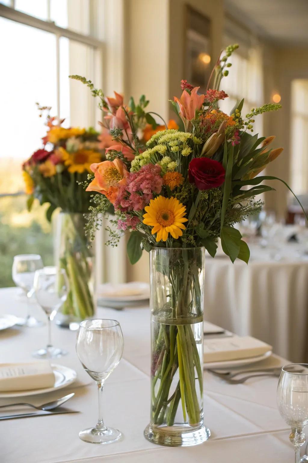 Seasonal flowers nestled in clear vases for an invigorated and dynamic display.