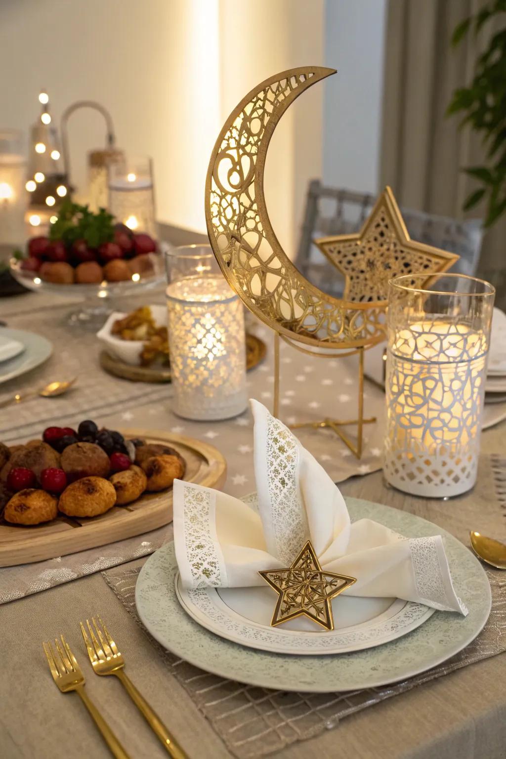 Half-moon and star themes enhance the table with a celestial flair
